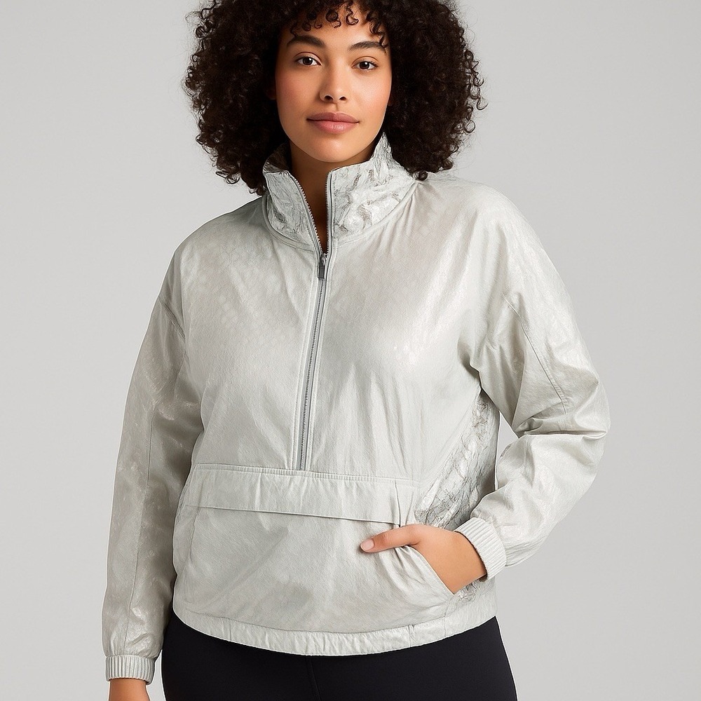 Free People Movement Crop Jacket L Silver Snake Print Metallic Pullover